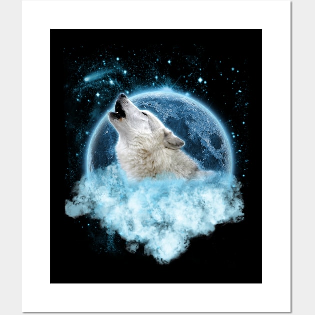 Grey Wolf Blue Moon Dream Catcher Wall Art by Ratherkool